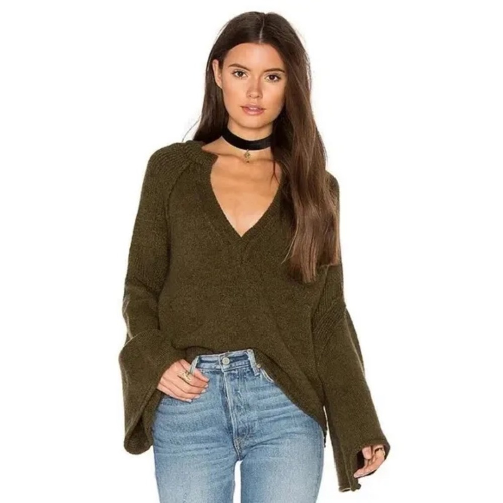 Free People Lovely Lines Wool Blend Bell Sleeve Oversized Slouchy Sweater Boho